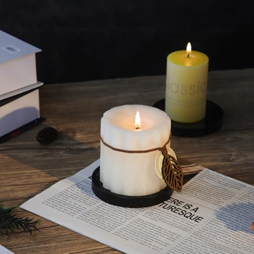 Black Wood Candle Holder - HALE OTEIR Wooden Pillar Candles Tray, Set of 2 Round Wooden Plate Pedestal Stand for Floating or Pillar Candles, Coffee Table Centerpiece for Home Decor - color: Black