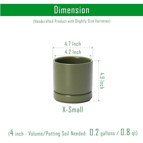 D'vine Dev Set of 2 Plants Pots, 4.7 Inch Ceramic Planter Pot for Plants with Drainage Hole and Saucer, Olive, 94-V-B-J - color: Olive, size: 4.7 Inch