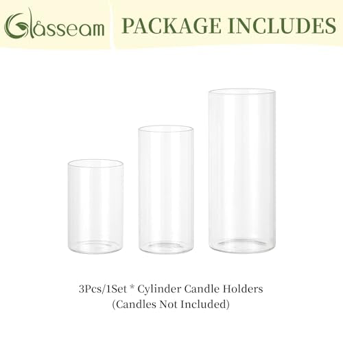 Glasseam Hurricane Glass Candle Holders: 3 Pcs Clear Cylinder Vases for Centerpieces Large Pillar Candle Holder for Floating Candles Modern Home Decor Wedding Table 5.3'' 7.3'' 9.5'' Height