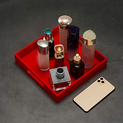 Sturdy Red Acrylic Serving Tray with Handles - 12x12 Inch - Coffee & Appetizer Platter - Kitchen Counter & Vanity Organizer - color: Glossy Red, size: 12" x 12" x 2"