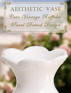 Cute Bow Scalloped White Flower Vase, Light Pink Bow Themed Coquette Girly Room Bedroom Decor, Cutecore Kawaii Princess Clean Girl Stockholm Room Bedroom Decor for Girls