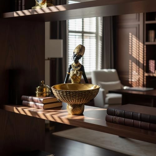 Lescafita Handmade African Seated Woman Sculpture - Gold Tribal Figure Holding Basket, Resin Home Decor for Shelf/Table, Unique Cultural Gift (9" H) - color: 301-gold