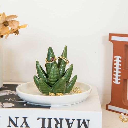 Aloe Ring Holder Dish, Ceramic Jewelry Tray Trinket Dish for Necklace Keychain Organizer, Cute Funny Birthday Wedding Mothers Day Gift for Women Friends Girls - style: Aloe