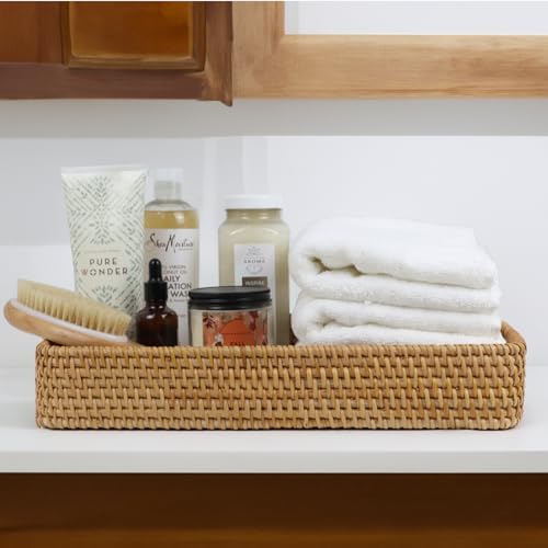 Rattan Serving Tray, Rectangle Coffee Table Tray with Handles, Decorative Ottoman Tea Tray Wicker Basket for Coffee, Bread, Fruits, Snacks, Breakfast, Drinks, Table Decor - size: 15" x 10.2" x 2.6"