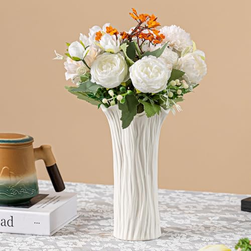 White Ceramic Vase with Ruffled Rim & Vertical Fluted Texture - 8.5" Unique Flower Vase for Pampas Grass & Centerpieces, Decorative Boho/Farmhouse Vase for Living Room, Office & Gift for Her/Yourself - color: Ruffled & Fluted