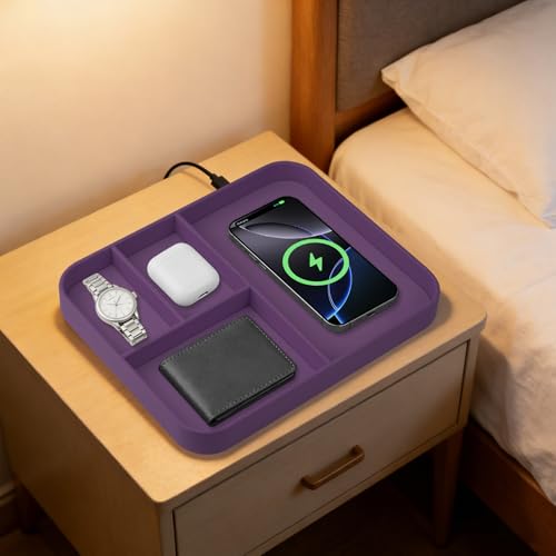 VOVIPO Faux Leather Valet Tray,with 2 in 1 Wireless Charging Compitable With iPhone/17/16/15/15 Plus/15 Pro/15 Pro Max/14/13/12/Wireless earphones,Office/Home Desk Organizers Tray-Purple - color: Purple