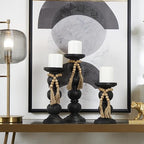 Deco 79 Wood Handmade Decorative Candle Holder Bubble Inspired Matte Candle Stand with Beaded Garland Accent, Set of 3 Candlestick Holder 15", 12", 9" H, Black