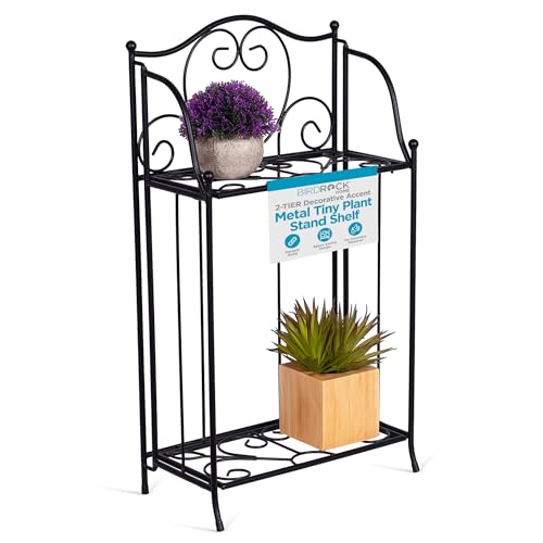 BIRDROCK HOME 2-Tier Metal Tiny Plant Stand Shelf - Decorative Mediterranean Scroll Design - Lightweight Folding - Black Metal Holder Rack - Indoor or Outdoor Use - Great for Small Spaces - Small