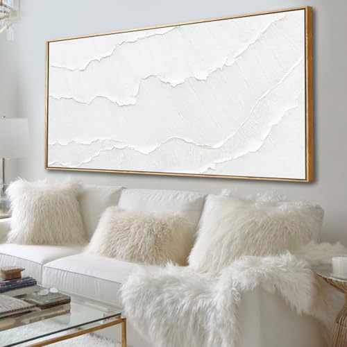 Contemporary White Abstract Hand-drawn Wall Art with Framed Large Canvas Ocean waves Painting for Living Room Bedroom Above Couch Decor 29"x58" - color: White, size: 58"L x 29"W