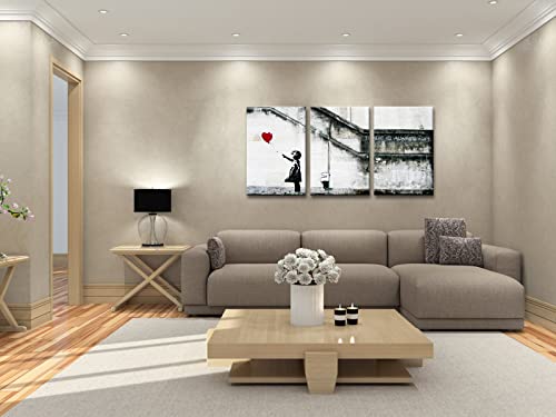 Wieco Art Banksy Grafitti Girl with Red Balloon Modern 3 Piece Famous Canvas Paintings Wall Art Inspirational Grey Love Pictures Print Artwork for Dining Room Kitchen Home Office Decor - color: Girl with Red Balloon, size: 16 x 24 inches (Unframed)