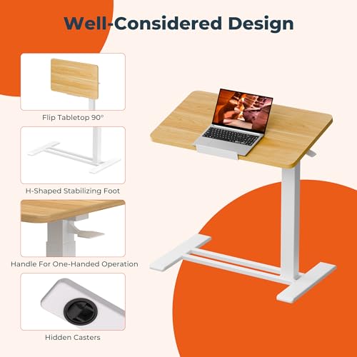 Medical Adjustable Overbed Bedside Table with Casters 90° Tilting Desktop Pneumatic Mobile Rolling Laptop Computer Standing Desk Cart with Tray, Hospital Table(31.5" W x 17.7" D, Maple) - color: Maple, size: 3218
