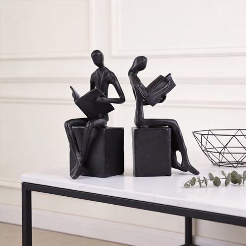 Black Reading Couple Cast Iron Bookshelf Decor Bookends Set of 2, Bookend for Office Desk, Living Room, Bedroom, Home Decorative Book Lovers Gifts