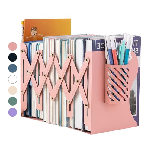 Kingsmile Book Ends, Adjustable Bookends for Shelves, Metal Bookends for Heavy Books, Book Stopper Organzier with Pen Holder for Desk, Kids Room, Office, Classroom, Library, Study Room.(Pink) - color: Pink