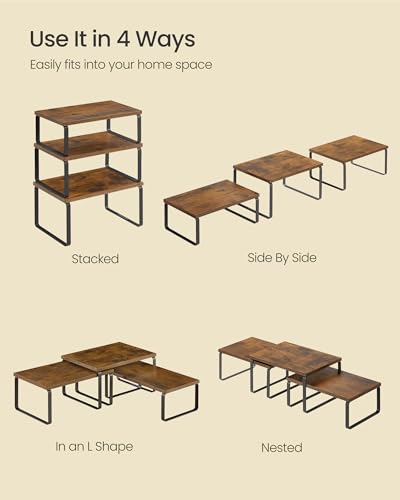SONGMICS Cabinet Organizer Shelf, Set of 3 Kitchen Counter Shelves, Kitchen Storage, Spice Rack, Stackable, Expandable, Rustic Brown and Matte Black UKCS220K02 - color: Rustic Brown + Matte Black