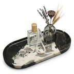 11.8 x 5.9 Inch Oval Black and White Natural Marble Tray for Bathroom Vanity, Solid Stone Perfume Organizer and Decorative Kitchen Countertop Trays