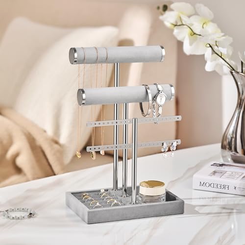 bussdis 3 Tier Bracelet Holder Display - Detachable T Bar Grey Velvet Bracelet Holder, Jewelry Holder Organizer for Bracelet, Necklace, Earrings, Rings - color: Grey, size: Standard