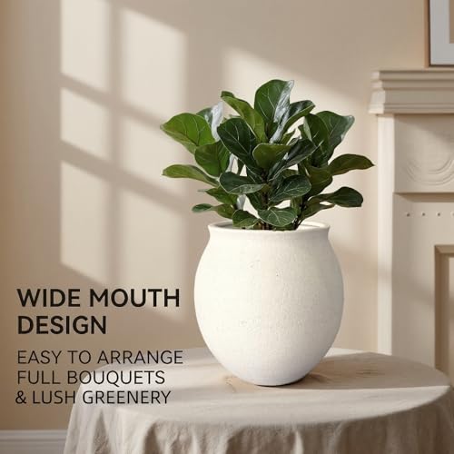 Round Wide Mouth White Ceramic Vase -9.7" Large Flower Pot with Drainage Hole for Indoor Plants, Gravel Textured Cream White Vase & Planter for Home Decor