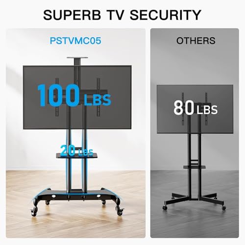 PERLESMITH Rolling TV Stand with Wheels for 32-85 Inch LCD LED 4K Flat Screen TVs, Tilt Mobile TV Cart with Shelf Holds Up to 100 lbs, Height Adjustable Floor TV Stand Max VESA 600x400mm- PSTVMC05 - size: 32-85 Inch