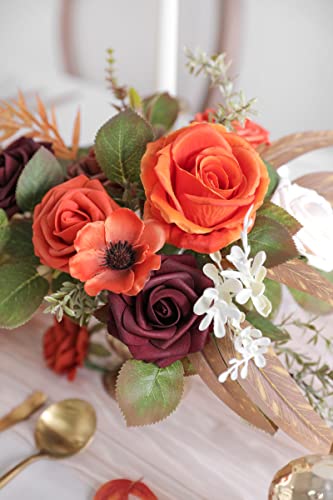 Artificial Flowers Combo Box Set Silk Fake Flowers with Foliage for DIY Wedding Bouquet Cake Flower Table Centerpieces - color: Orange & Burgundy