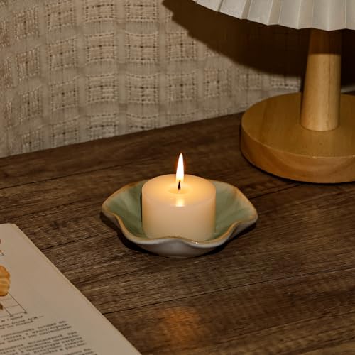 Koythin 2-Piece Ceramic Candle Holder, Aesthetics Candlestick Holders for Tea Lights, Lotus Leaf Shape Candle Stand for Mantle Table, Adorable Vintage Decor for Weddings Dining (Light Green) - color: Light Green