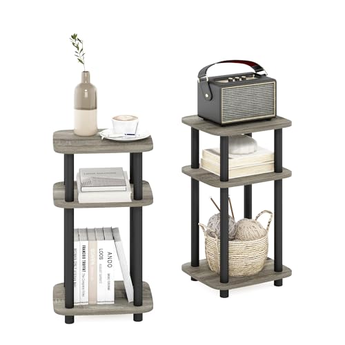 Furinno JUST Side Table Set of 2, 3-Tier Turn-N-Tube End Table with Open Shelf, Round Curve Corner Night Stand, Bedside Table, Easy Assembly, for Living Room, Bedroom, French Oak - color: French Oak, size: 2-Pack, Plastic Frame, 3-Tier
