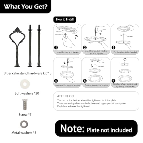 3 Tier Cake Stand Fitttings Kits Fruit Cake Plate Handle Fitting Cupcake Hardware Rod Stand Holder Black Crown 5 Sets（Plate not Included） - color: Black