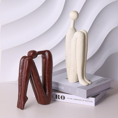 Heavy Bookends for Heavy Books – Modern Decorative Book Ends Thinker Statue, Creative Bookends Book Stopper for Shelves, Abstract Sculpture Bookshelf Desk Decor for Home Office (White and Red Brown) - color: White and Red Brown