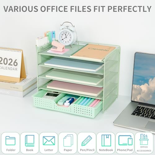 LEKETREE Desk Organizers and Accessories, 5-Tier Paper Letter Tray Organizer with Drawer & 2 Pen Holders, Desktop Organizer for Office Supplies (Green) - color: Green, size: 12" x 8" x 10"