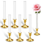 6 Pack 7.9" Glass Bud Vase for Candlesticks & Brass Gold Taper Candle Holder Set, Flower Vase with Silicon Rubber Case Fits Candlestick Size 20-22mm for Tablescapes, Weddings, Home Decor