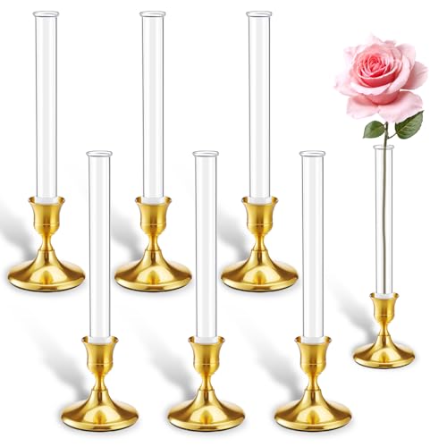 6 Pack 7.9" Glass Bud Vase for Candlesticks & Brass Gold Taper Candle Holder Set, Flower Vase with Silicon Rubber Case Fits Candlestick Size 20-22mm for Tablescapes, Weddings, Home Decor