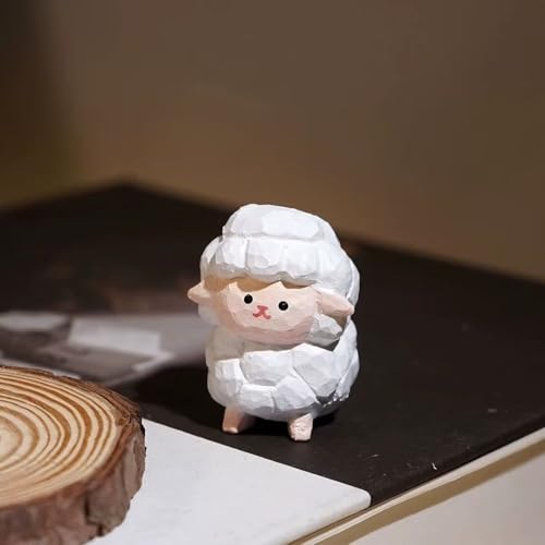 Hand Carved Wooden Sheep Statue with Round Wood Base – Mini Cute Lamb Figurine, Handmade Animal Sculpture, Rustic Desk Ornament & Unique Gift for Animal Lovers and Home Decor - color: Decor-sheep