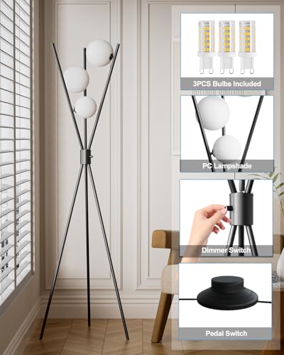 3 Globe Dimmable Tripod Floor Lamp, Mid Century Standing Lamps with 3Pcs 3000K Bulbs Included, Modern Tall Lamp for Living Room Bedroom Office-Black - color: 3 Globe-Black