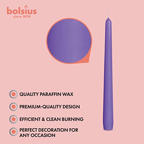 BOLSIUS 10 Inch Purple Taper Candles - 8 Hours Burn Time - Premium European Quality - 10 Pack Unscented Smokeless & Dripless Household Taper Candlesticks - Perfect for Church, Party, & Everyday Use - color: Purple, size: 10 Count