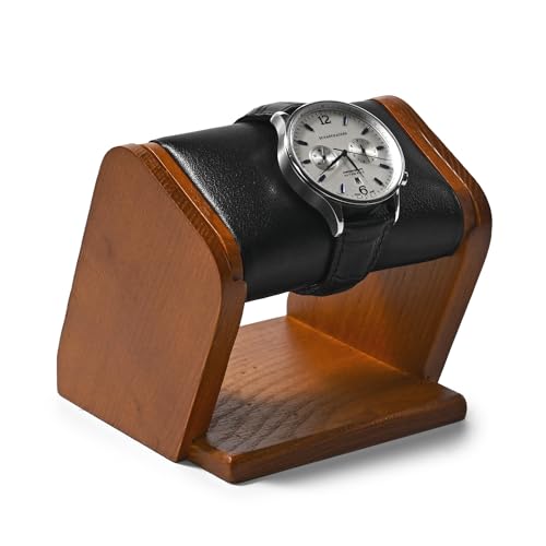 Oirlv Solid Wood Single Watch Display Stand Black Premium Leather Watch Holder for Men and Women - color: Black