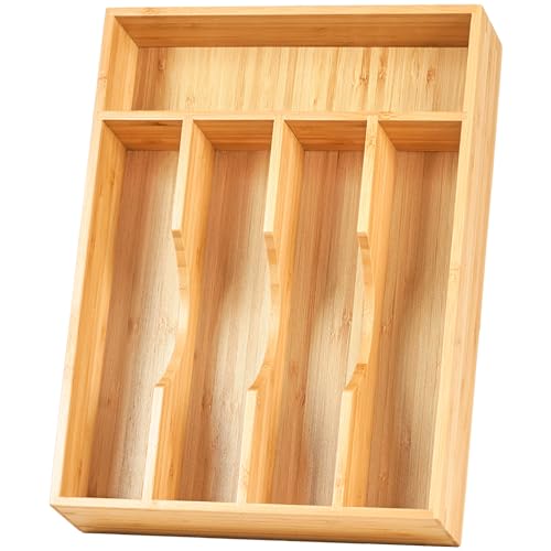 Umilife Bamboo Kitchen Drawer Organizer, 9 Inch Silverware Utensils Tray Holder for Small Drawer, Wood Caddy for Flatware Cutlery Knives - size: 9 x 13 inch (5 Slots)