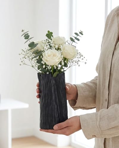 7.5 Inch Matte Black Flower Vase, Organic Nature Shape, OOSTONEE Nordic Modern Style Small Ceramic Vase, Shelf, Home, Living Room, Coffee Table Centerpiece, Black Vases Home Decor - color: Black, size: Small