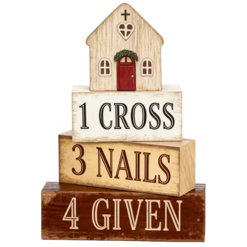 Easter Decorations - Christian Easter Tiered Tray Decor - 1 Cross 3 Nails 4 Given Wooden Tabletop Sign - Religious Farmhouse Easter Home Decor for Shelf Mantel Indoor - Spring Home Decor for Living Room, Kitchen Counter - style: Cross