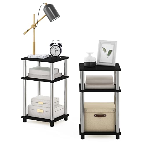 Furinno JUST Side Table Set of 2, 3-Tier Modern End Tables, Open Shelves Night Stand, Nightstand, Toolless Assembly, for Living Room, Bedroom, Americano/Stainless Steel - color: Americano/Chrome, size: 3-Tier, Round Pole, style: 2-Pack