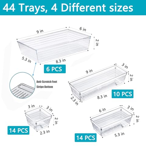 DCA 44 PCS Clear Drawer Organizers Set, 4 Size Versatile Bathroom and Vanity Organizer Trays, Cosmetic Display Cases for Makeup, Jewelries, Bedroom, Kitchen Utensils and Office - size: 44PC