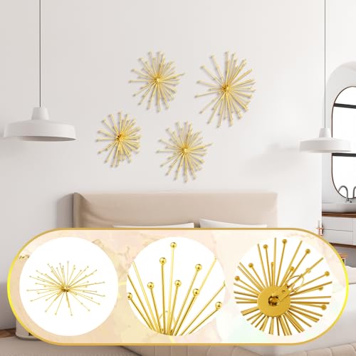 Shimeyao 4 Pcs Metal Starburst Wall Decor Gold Metal Wall Art 3D Spike with Orb Finish Star Burst Hangings Accents Sculptures Set Modern Mid-Century Decorations for Living Room Bedroom Entryway - color: Gold, style: Spike with Orb