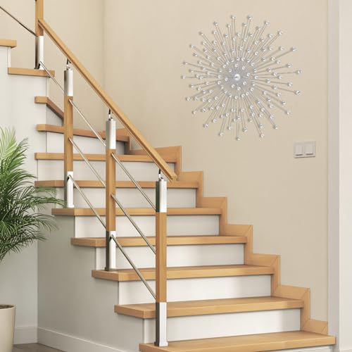 Blulu Silver Crystal Sunburst Wall Decor Large Rhinestones Metal Burst Bling Wall Art Home Decorative Sunburst Hanging Diamond Accents for Living Room Bedroom, 23.6 x 23.6 Inch