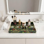 15.8" x 11.8" Navy Green Plastic Serving Tray with Handles, Seaweed & Poppy Botanical Floral Pattern with Red & Blue Accents and Gold Trim, for Ottoman, Coffee Table, Vanity - color: Seaweed & Poppy Botanical