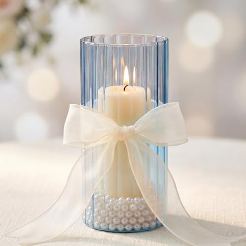 6 Pcs 8 Inch Tall Glass Ribbed Cylinder Vases Clear Floating Candle Flower Vase in Bulk, Hurricane Candle Holder for Wedding Housewarming Gift Table Centerpieces(Blue) - color: Blue, size: 8 Inch
