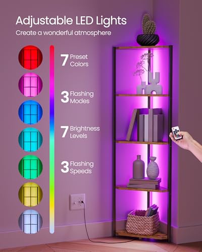 VASAGLE Corner Shelf Stand with LED Lights, 5-Tier Corner Bookshelf, Storage Shelf with Steel Frame, 9.8 x 18.9 x 57.7 Inches, for Living Room, Bedroom, Study, Rustic Brown ULBC590K01 - color: Rustic Brown