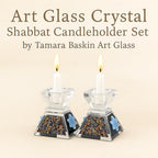 Tamara Baskin Art Glass – Handmade Crystal Shabbat Candle Holders Set - Sparkling Sky Blue (Glitzy Black) - color: Glitzy Black