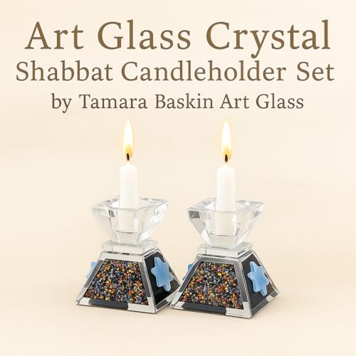 Tamara Baskin Art Glass – Handmade Crystal Shabbat Candle Holders Set - Sparkling Sky Blue (Glitzy Black) - color: Glitzy Black