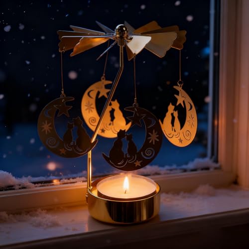 Self Rotary Candle Holder Holder, Metal Spinning Tea Light Holders Automatic Rotating, Romantic Aroma Tea Candle Round Holder, Unicorn, Snowflower, Kids, Leather Candle Holder(Moon Cat) - color: Moon Cat