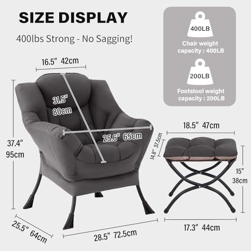 Tiita Lazy Chair with Ottoman, Modern Large Accent Lounge Chair, Leisure Sofa Armchair with Ottoman, Reading Chair with Footrest for Bedroom, Living Room, Dorm Rooms, Garden Dark Grey - color: Dark Grey