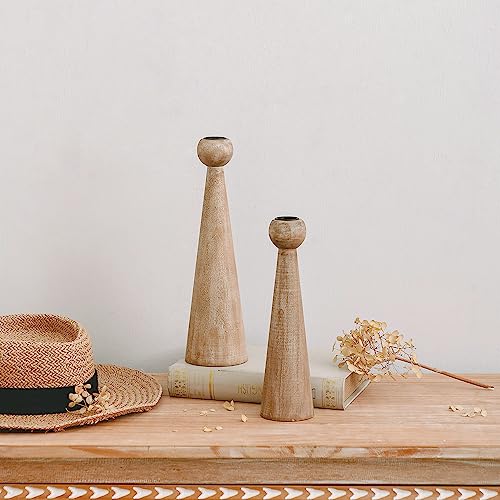 NIKKY HOME Wood Taper Candle Holders Set of 2, Farmhouse Tall Candle Stand Decorative Candlestick for Wedding Party Mantle Fireplace Dining Room Table Centerpieces Decor