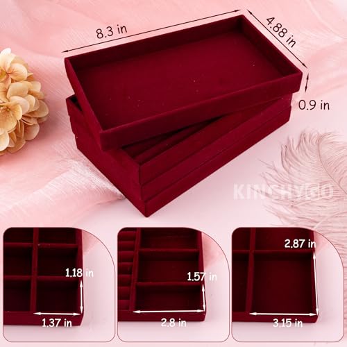 4 Pack Stackable Velvet Jewelry Trays Organizer Drawer Inserts Container Display Storage Box for Necklaces Bracelets (Red)